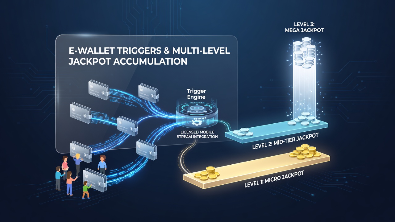Illustration von gestaffelten Jackpot-Pools mit E-Wallet-Transaktionen in Echtzeit