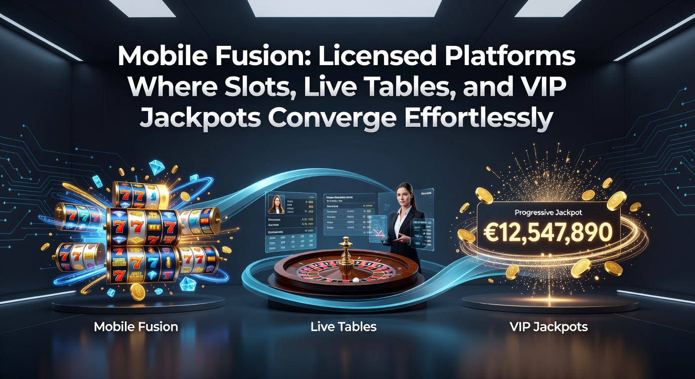 Smartphone-Bildschirm zeigt nahtlose Integration von Slot-Spiele, Live-Tisch und VIP-Jackpot auf lizenzierter Mobile-Plattform