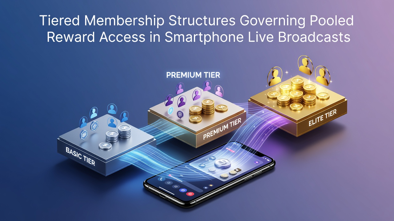 Illustration gestufter Mitgliedschaftsmodelle in mobilen Live-Casino-Streams mit Smartphone und Belohnungspools